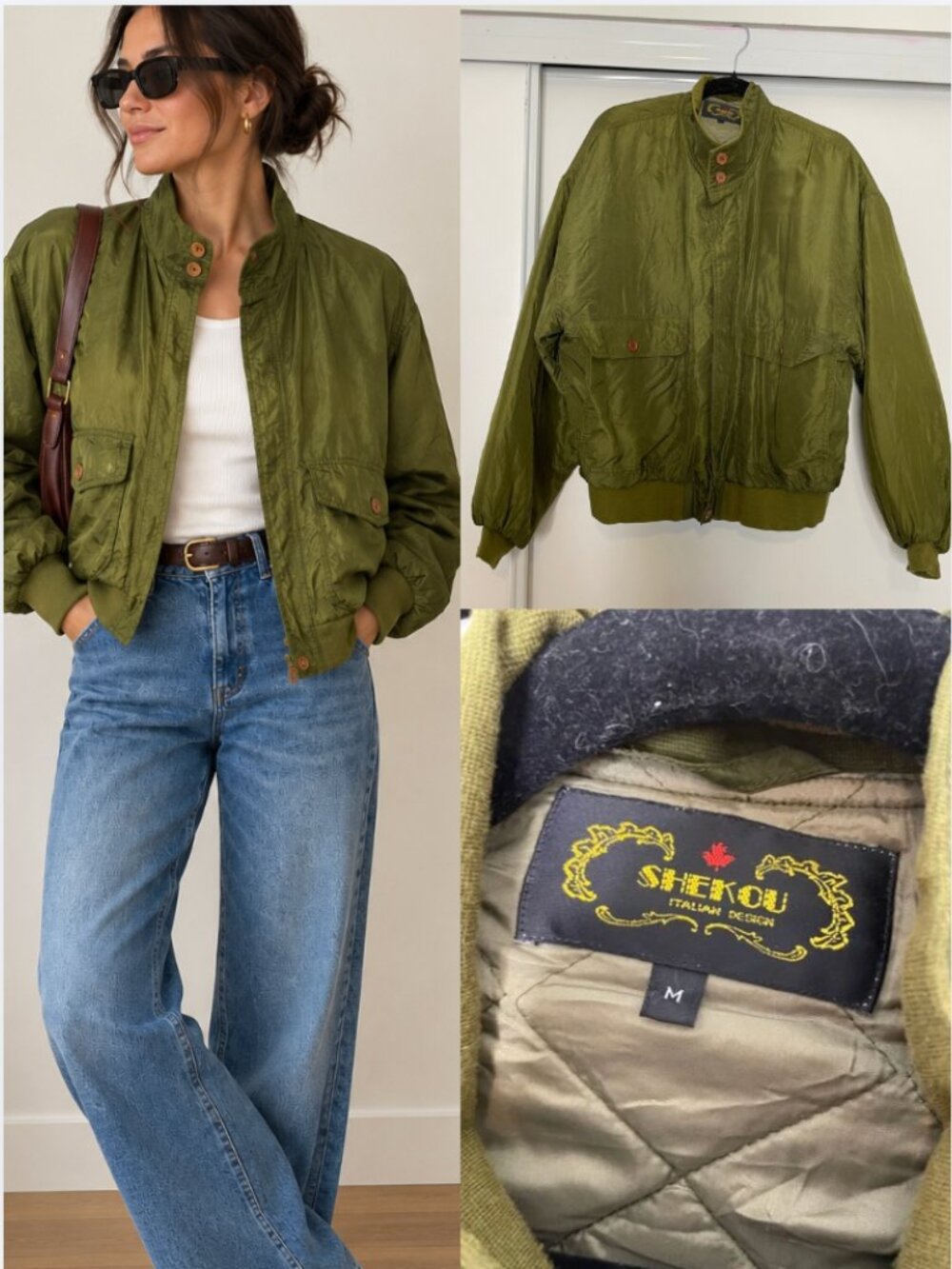 Vintage Shekou Silk Oversized Puffer Bomber Jacket Green M Quilted Casual Moto